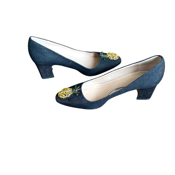 Denim Block Heels w/ Pineapple Rhinestones - Picture 3 of 6